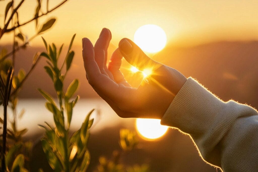 a person holding their hands out in front of the sun