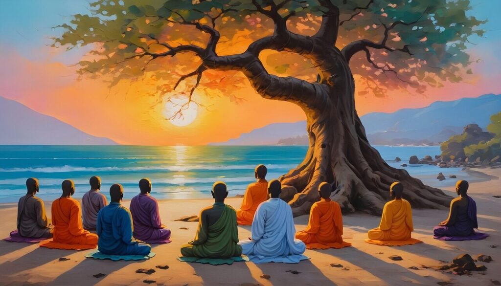 ai generated, buddhist, monks, meditation, buddhism, statue, temple, monk, zen, spiritual, mind, nature, religious, mountains, landscape, sunset, digital art, buddhist, buddhist, buddhist, buddhism, buddhism, monk, monk, monk, monk, monk